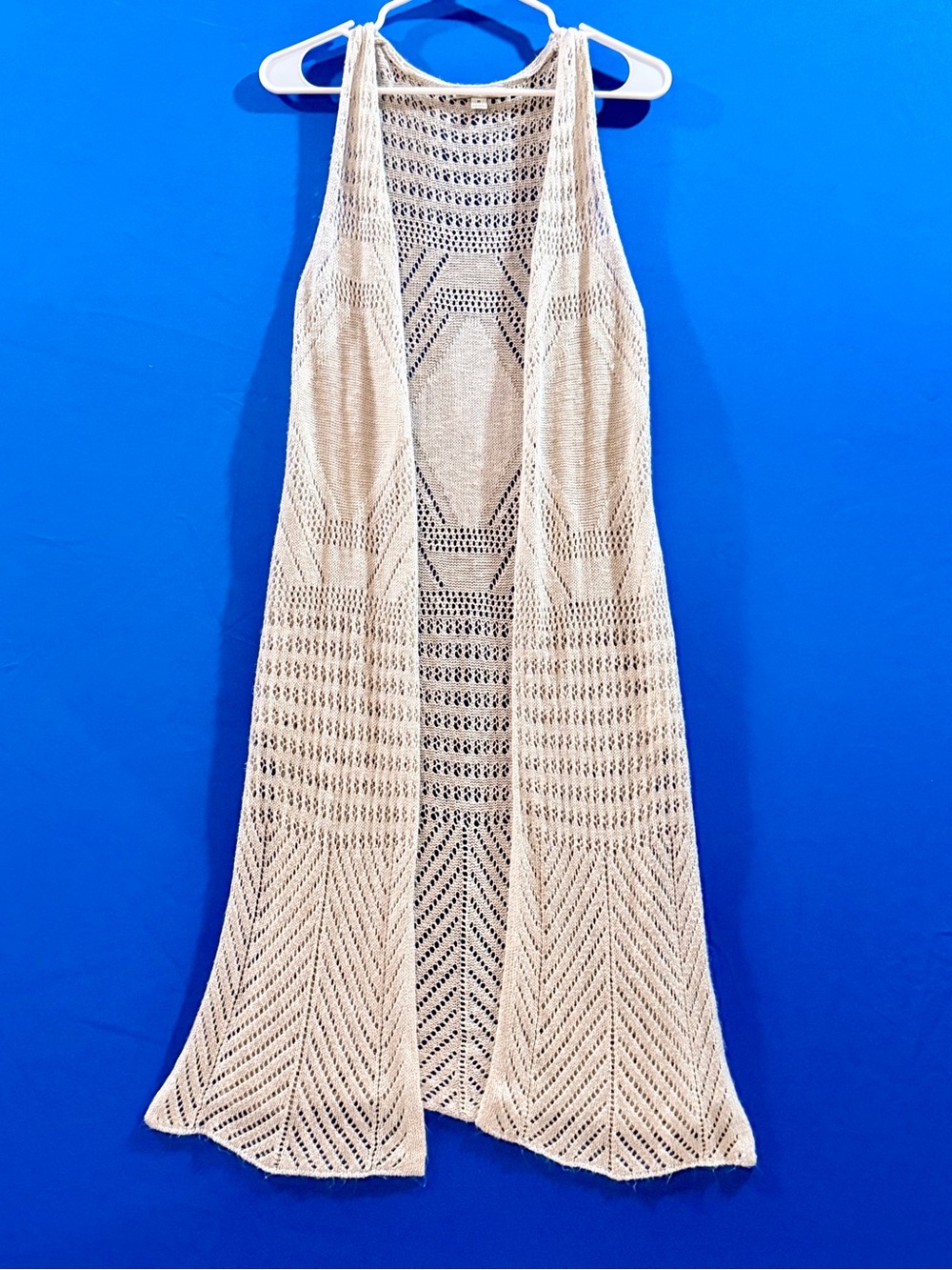 🍂 Moral Fiber Cream Crochet Open Knit Long Duster Vest Boho Size S